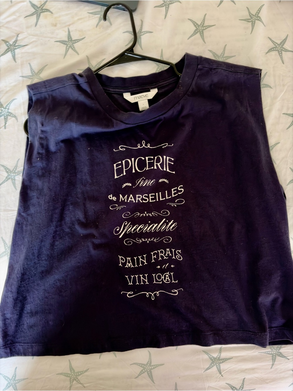 Maeve Navy Blue Tank with French Market Graphic. Slightly cropped, Size Lg. NWOT